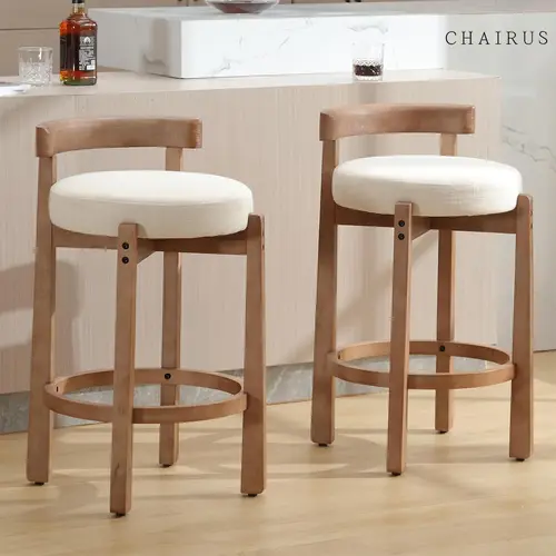 CHAIRUS 26.5-Inch Modern Low Back Armless Legged Chair Barstool - Soft Cushioned Linen Upholstered Stool with Curved Back, Footrest, Solid Wood Legs, Floor-Safe Pads, Island-Ready Seat, Fits Dining, Kitchen, Bistro, Assembly Required