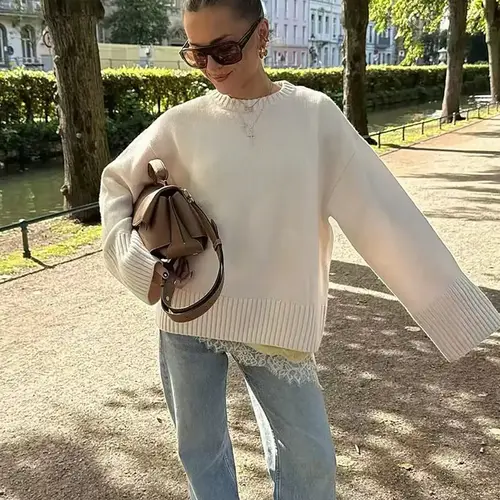 Women's Fall Winter Solid Color Round Neck Long Sleeve Casual Loose Knit Pullover Sweater, Simple Knitted Woolen Top Knitwear