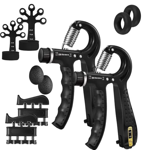 5-Piece Metal Workout Hand Gripper Strength Training Set - Adjustable-Resistance (10-130 lbs) with Progress Counter, Finger Exerciser, Stretcher, Stress Relief Ball, Forearm Ring for Home Workout, Hand Rehab Exercise Equipment, 5-Pieces