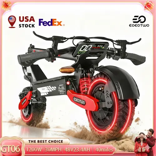 EOEOTWO&GT06 Sport Compact Electric Commuting Scooter - 1200W Motor, 40mi Range, 30mph Top Speed, 11in All-Terrain Tires, Front & Rear Shock Absorbers, LED Display, Portable Folding Design, Portable Folding Scooter