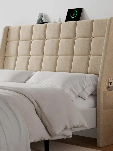 【SohoChic】ONBRILL Ergonomic Upholstered Full/Queen Size Headboard w/Charging Station, Linen Wingback Headboards w/Storage Pocket, Full Headboard Only, Bed Frame Adapters, Sturdy Solid Wood Bed Head Board