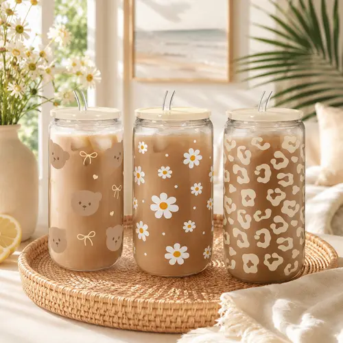 SANDJEST 16oz Halloween Iced Coffee Glass Cup with Bamboo/ Acrylic Lid & Glass Straw & Cleaning Brush, Can-Shaped Aesthetic Mug, Ideal for Matcha Soda Tea & Daily Drinks, Gift for Mom Women Birthday Home Office Use Christmas Cozy Fall