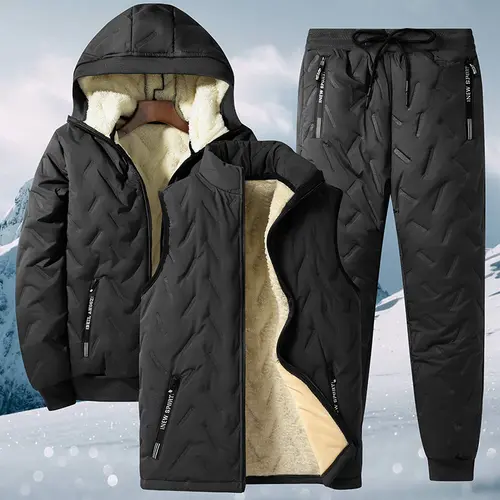 Men's 3-Piece Set 3-Pc Match Set, Stylish Casual Plain Fleece Winter Polyester Outfit with Stand-Collar Full Sleeve Jacket, Vest, Pull-On Trouser, Pull-On Pants