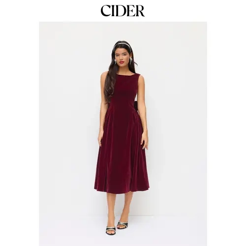 Cider Velvet Boat Neck Bowknot Backless Midi Dress