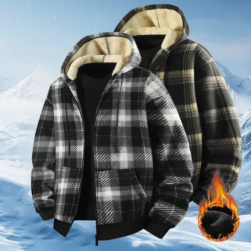 Men's Checkered Long-Sleeve Hooded Fleece-Lined Warm Stylish Casual Coat, 2025 New Arrivals Menswear Tops for Autumn Winter (Medium Plaid Pattern)