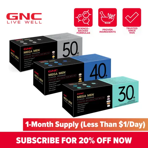 GNC Age-Based Vitapaks Program for Men - 30+/40+/50+ Daily Dietary Supplement Packs with Multivitamin, Minerals, Stress Support, Skin Health, Bone Health, Pumpkin Seeds, L-Arginine for Fitness & Wellness