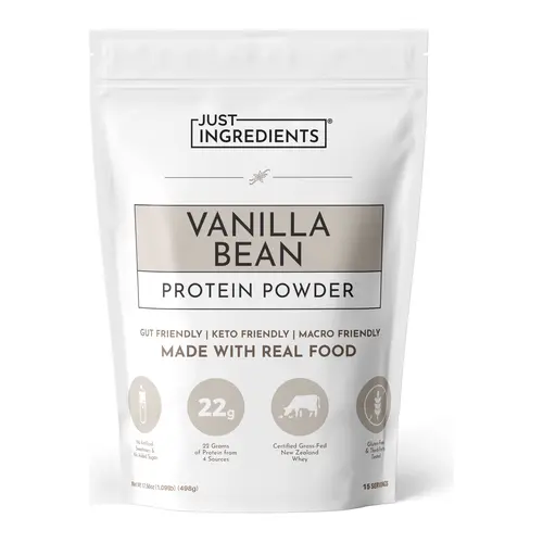 Just Ingredients Vanilla Bean Protein - 15 Servings - Certified Grass-Fed Whey & Organic Plant Proteins - 22g Protein per Serving - Real Vanilla Bean & Cinnamon - Made with Real Food Ingredients
