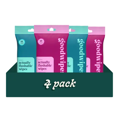 Goodwipes Variety Travel Pack - 4pack | 18ct - Rosewater & Shea-Coco - Travel Flushable Wipes  for Sensitive Skin and Everyday Use