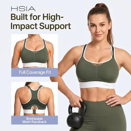 HSIA FlexCore Plus Size High Impact Wireless Fixed Molded Cups Full Coverage High Support Sports Bras for Women Racerback Workout Bra Breathable Advanced Moisture Wicking Fabric Mesh Back Bra Adjustable Padded Straps Gym Running Bra For Big Bust Women