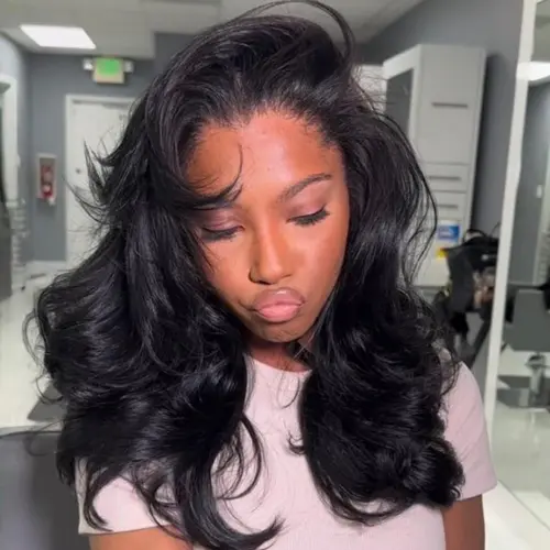 Salon Style At Home Sunber Affordable Pre-Styled 13x4 Body Wave Lace Frontal Wig with Side Bangs Layered Cut Wig-No-Fuss Glueless & Ready to Wear Beginner Friendly Pre Everything Natural Black Wig SoHoChic TikTokShopBackToSchool