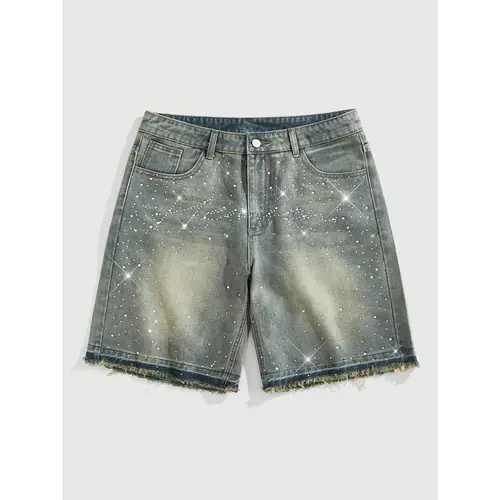 DealsForYouDays Glitter Rhinestone Denim Shorts Frayed Raw Hem Straight Leg Street Jean Shorts