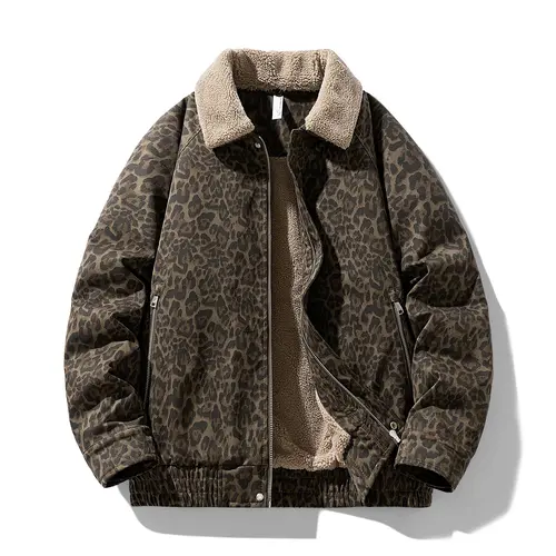Men's Vintage Leopard Print Lapel Fleece Lined Warm Jacket Autumn Winter Trendy Casual New Coat quilted jacket winter outfits Stylish Menswear Functionality