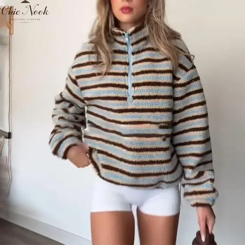 Women's Y2K Zip Striped Sherpa Jacket  Long Sleeve Fleece Pullover Jacket Tops For Autumn