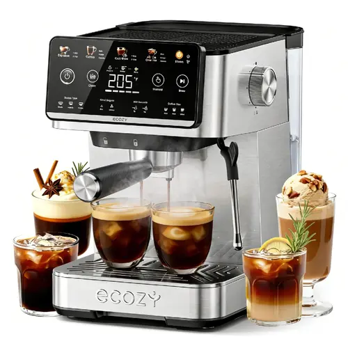 Ecozy 4-in-1 Semi-Automatic Espresso Coffee Machine - Pump Pressure 20 Bar, LED Touch Screen, 50oz Removable Water Tank, Milk Frother Steam Wand, Drip Coffee, Cold Brew and Over Ice Coffee Machine, 1350W Home Use for Home Users (Thicker Oil Layer)
