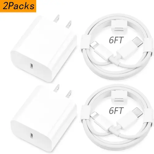 2-Pack Type-C Wall Plug Charger Set with 6FT/10FT Super Fast USB-C to Lightning Cables, iPhone Charger for iPhone 14/13/12, AirPods Pro, Devices, Includes Charging Cable