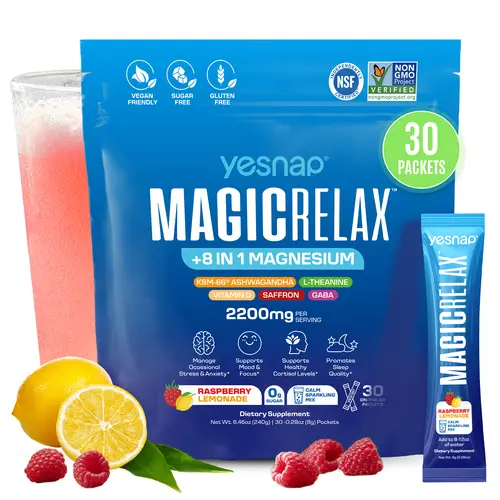 Yesnap MAGICRELAX Anti-Stress Powdered Supplement Drink Mix, 8-in-1 Magnesium KSM-66 Ashwagandha Saffron Vitamin D3 GABA L-Theanine, Cortisol Balance Mood Sleep Support, 30 Servings, No Sugar Non-GMO Raspberry Lemonade Flavor, Dietary, Calm & Sleep Suppor