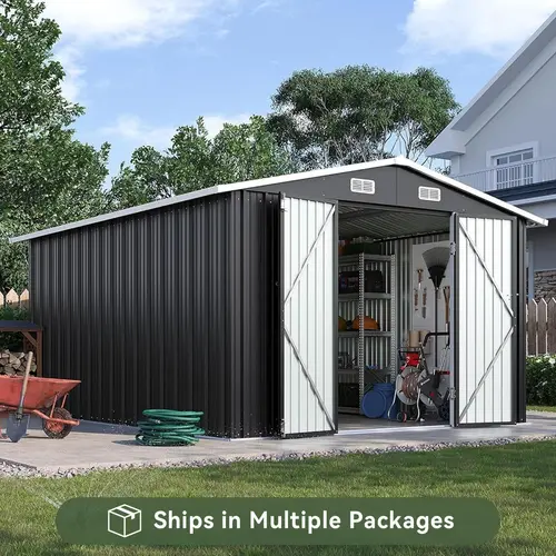 Aoxun 10x12FT Brown Metal Outdoor Storage Shed - Large Lockable Double-Hinged Door, Sloped Metal Roof Utility Shed for Gardening, Fishing, Grilling, Poolside Use, Home Decoration [On Sale], Sloped Roof