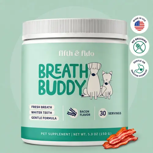 Fifth and Fido Breath Buddy Dog Dental Powder - Bacon Flavor Food Topper with Chamomile, L-Glutamine, Marshmallow Root, Pomegranate, Zeolite, Natural Herbs, Gentle Oral Care for Whiter Teeth, Fresh Breath, Calm Digestion, Sensitive Stomach Daily Sprinkle