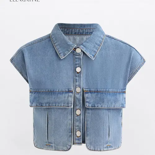 Women's Bohemian Basic Denim Vest, Polyester Cotton Blend, Rounded Collar, Wide Shoulders, Slit Pockets, Button Front Closure, Comfortable Elegance for Autumn Fashion,back to school,back to school shopping,sohochic