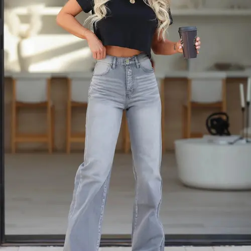 USBoutiqueCHIC Women's Stretch Denim-Look Pants 320GSM High-Waisted Trousers with Elastic Waist for Casual & Office Wear