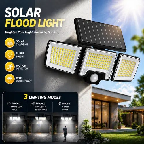 Solar Motion Sensor Outdoor Light 3-Head 216 LED Security Floodlight with Remote Control IP65 Waterproof Adjustable Wall Lamp Solar Powered Exterior Light for Garden Garage Yard Porch Driveway