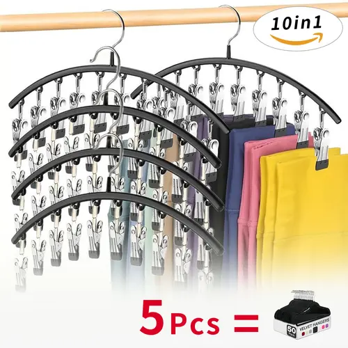 Metal Legging Organizer for Closet - 5 Pack hanger with 10 Rubber Coated Clips (Holds 50 Leggings) - Space-Saving Hanging Organizer for Yoga Pants, Visor Hats, Scarves, Waist Trainers, Jumpers, Flared Bottoms,Back to School