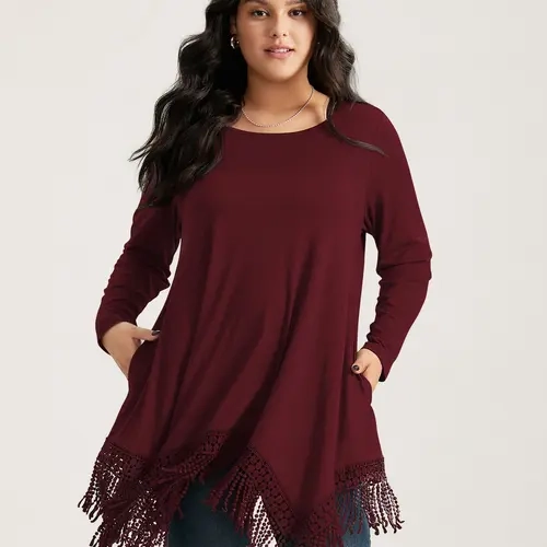 BloomChic Women's Plus Size Boat Neck Long Sleeve Polyester T-Shirt - Garment with Tassel Trim Pocket, Asymmetrical Hem, Regular Fit Casual Clothes for Women, Fall Back to School Pick, M-6X，SohoChic
