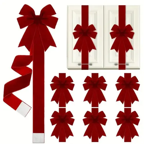 Large Size Polyester Wine Red Velvet Christmas Cabinet Door Bows & Ribbons (4/6/8 Pieces) - Large Decorative Bow Christmas Decor with Festive Elegance & Holiday Charm, for Gift Packaging, Kitchen Furniture - No-Electricity Garland Ribbon,sohochic