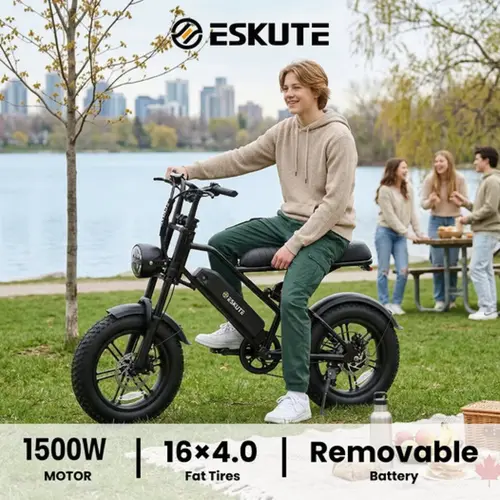 ESKUTE V100 E-Bike for Adults, 16" All-Terrain Fat Tire Electric Bicycle, Dual Suspension with 1500W Peak Motor, 48V 13Ah Long Range Battery, 28 MPH Speed for Commuting & Camping, Dual Suspension Ebike