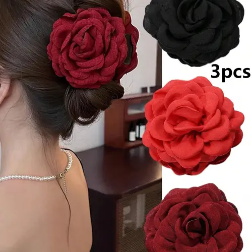Elegant Large Rose Hair Clip Set, 3pcs Women's Multi-Layered Hair Claws, Flower Claw Clips, Floral Hair Accessories, Hair Style Accessory, Perfect for Updos, Parties, and Daily Wear