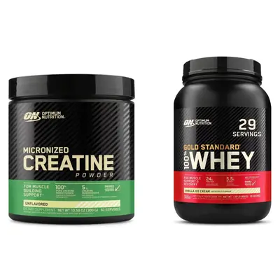 Optimum Nutrition Fitness Supplement Bundle - 60-Serv Creatine Powder, 2lb High Protein Drink Whey Protein for Dietary Needs