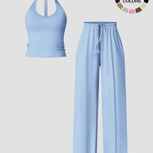 Women's Solid Crop Tank Top & Wide Leg Pants Set, Casual V Neck Sleeveless Top & Trousers for Daily Outdoor Wear, Ladies Sportswear for All Seasons, Sports Yoga Set, Activewear Set, Yoga Outfits