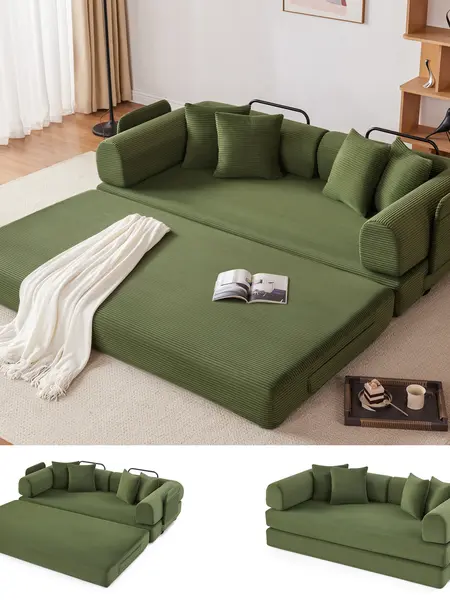 【1-2 Packages】79-118" Convertible Sleeper Sofa Bed with 4 Pillows, 5-in-1 Corduroy Futon Couch for Small Spaces, Boneless Couch Floor Modular Sofa with Fixed-Shape Frame, For Guest Bed & Kids Play Area with Washable Cover,teddy sofa for Adults,No-Assembly