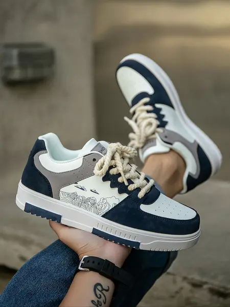 Men's Casual Colorblock Patchwork Oil Painting Print Low-Top Lifestyle PU Textile Sneakers, Casual Footwear Sneakers, Trendy Walking Sneaker, Stylish Sneakers, Daily Outdoor Lace-Up Sports Shoes for Couples, Street Low Sneakers
