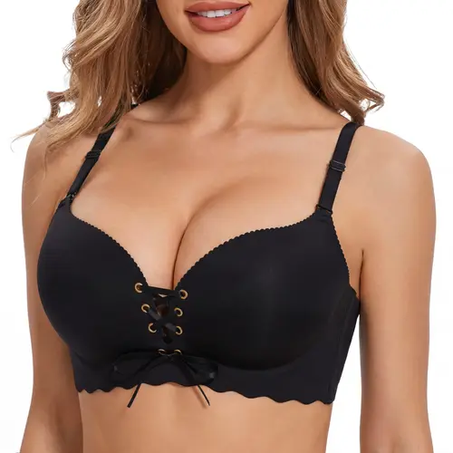 LUCKMEEY Drawstring Push Up Bra for Women | Wireless Lace Up Front Bra with Adjustable Lift & Enhanced Cleavage, Padded Comfort Bra for A B C Cups, Deep V Plunge Bra for Everyday Wear#tiktokshopbacktoschool#sohochic
