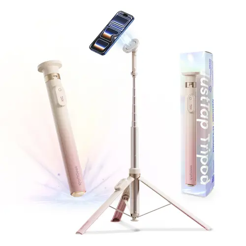 KraftGeek JustTap Ombré Peach 66-in Aluminium Mobile Phone Tripod Selfie Stick with Remote, Auto Open, Dual Axis Rotation, MagSafe Compatibility for iPhone 12-17, Pixel 10, MagSafe Cases & Metal Ring Mount Phones (Vlogging Equipment Accessory)
