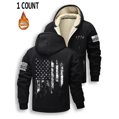 Men's Fleece-Lined Winter Zip-Up Hoodie - Menswear Tops Long Sleeve Clothes with Printed Design, Warm Thick Hooded Jacket for Casual Daily Winter Use, Sweatshirts, Casual Daily Use