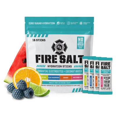 Fire Salt Electrolyte Packets 16-Pack - Sugar Free Energy Recovery & Hydration Drinks, Caffeine-Free, 3X Electrolytes with Coconut Water, Keto Friendly Fitness Fuel, Natural Ingredients, No Artificial Sweeteners (Workout, Outdoors Use)