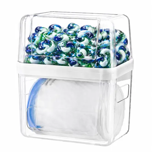 AIR U 3-in-1 Transparent Storage Box - Trash Bag & Dishwasher Pod Dispenser with Compartments, Non-Slip Base, Holds 13/30/33 Gal Garbage Bags, Laundry Detergent Pods & Tabs, Cabinet/Under Sink Organizer for Kitchen, Laundry Room