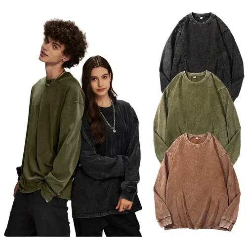 Gihuo Unisex 3-pack Acid Wash Oversized Sweatshirt for Men Women Vintage Loose Fit Cotton Pullover Crewneck Baggy Long Sleeve Basic T-Shirt for Casual Wear Y2K