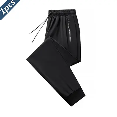 Men's Ice Silk Athletic Stretch Pants - 1PCS, Drawstring, Elastic Design, Zippered Pockets, Thin Quick-Dry, Skin-Friendly Smooth Fabric, Breathable Activewear for Summer Outdoor & Indoor Fitness, Athletic Stretch Men's Pants