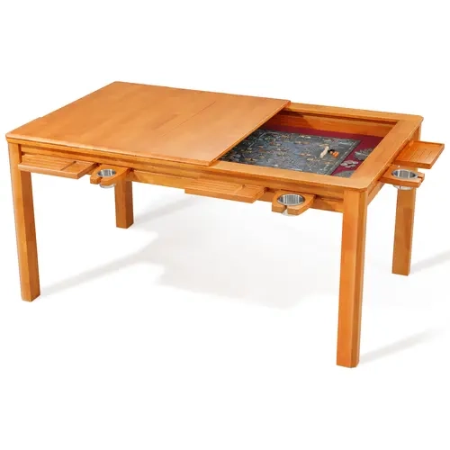 JMMD Foldable Rectangular Malaysian Oak Dining Table for Tabletop Games - Removable Top, 4-6 Players, 54"x31" Play Area, Leaf Storage Rack, Neoprene Mat, 6 Cup Holders, Trays, 450 lb Weight Capacity, Anti-Slip Rubber Locks, Heirloom-Quality Family Use, Bo