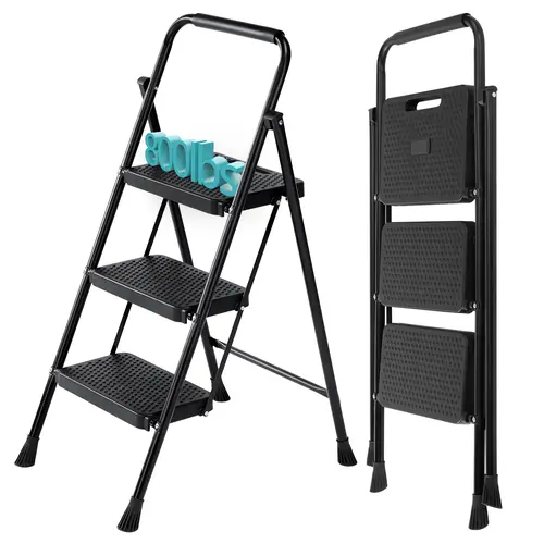 Sweetcrispy Heavy-Duty Folding Step Ladder - Portable Collapsible Ladder with Wide Pedal, Cushioned Handle, 800lbs Capacity, Space-Saving Fold for Home Kitchen, Outdoor Use