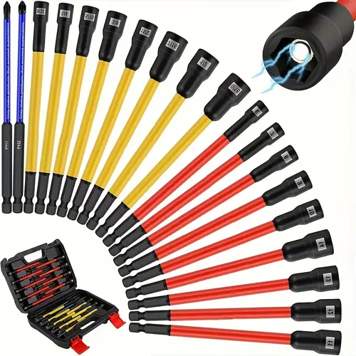 19Pcs 6" Length Magnetic Nut Driver Set for Impact Drill, SAE & Metric Screw Type Nut Drivers, 1/4" Hex Shank Cr-V Steel Heavy Duty Tool, Magnetic Screwdriver Tools