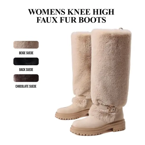 CYNLLIO Womens Knee High Snow Winter Boots Faux Fur Rounded Toe Platform Heels Fashionable Buckle Side Zipper Comfy Office Party Nightclub Outdoor Walking Casual Spring Suede Boots Deals For You Days