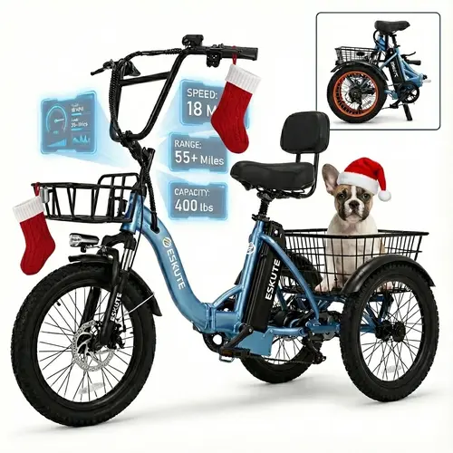ESKUTE T300 Collapsible Folding Electric Trike for Seniors, 1200W Peak, 624Wh Battery, 18x3.0 Fat Tire, Up to 55 Mi Range, Step-Thru 3-Wheel E-Bike with Rear Differential, Labor Day Gift, Ebike Accessories Compatible