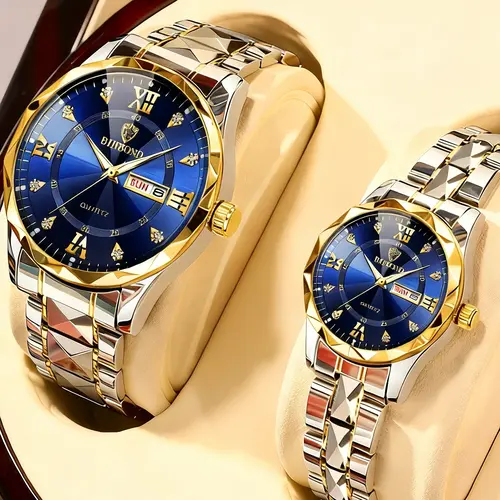 2pcs Binbond B2521 Couple Watches, Dual Calendar, Luxury Dial Design, Valentine's Day Gift, Fashion Wristwatch, Waterproof Quartz Watch, Quartz Analog Watches, Quartz Movement, Watch Set, Analog Wristwatches