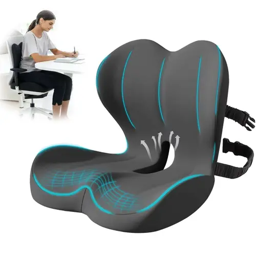 Ergonomic Adjustable Durable Memory Foam Seat Cushion with Strap & Lumbar Support Design - Office Desk/Gaming Chairs Use, Back Pain Aid, Sciatica, Tailbone Stress Relief, Modern Household Textile Chair Accessory