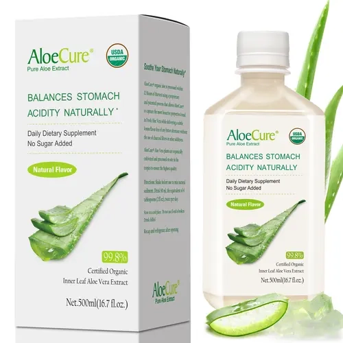 AloeCure USDA Organic Aloe Vera Juice Beverage - Natural Flavor, Gluten Free, Dairy Free, 99.8% Pure, Made Within 12 Hours of Harvest for Max Bioactivity, Adults, 24 Months Shelf Life, Gut & Skin Support, 500ml Bottle