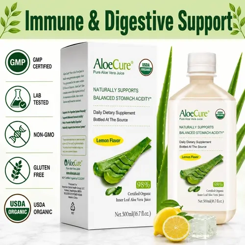 AloeCure USDA Certified Organic Liquid Aloe Vera Juice - Lemon Flavor, 500ml, 98% Pure Inner Leaf Gel, Gluten-Free, Dairy-Free, Low-Temp Process, Digestive Aid for Adults, Balanced Stomach Acidity, 12-Hour Fresh Supplement